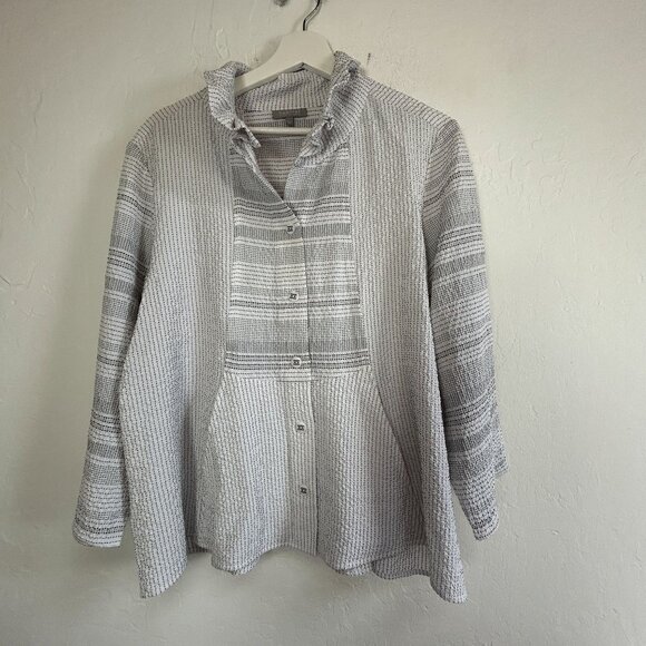 Habitat Womens Striped Textured Button-Up Shirt Top Large Art to Wear Lagenlook - Picture 1 of 8